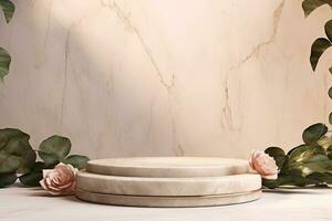Generative AI, a exotic stone podium with leaf shade and golden rose in beige color for product display nature, empty display showroom photo