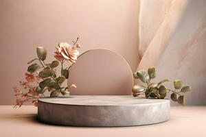 Generative AI, a exotic stone podium with leaf shade and golden rose in beige color for product display nature, empty display showroom photo
