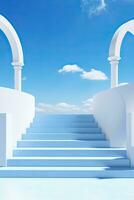 Generative AI, Empty podium, aesthetic product backdrop, blue sky and white staircases background photo