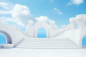 Generative AI, Empty podium, aesthetic product backdrop, blue sky and white staircases background photo