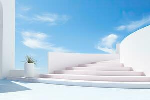 generativo ai, vacío podio, estético producto fondo, azul cielo y blanco escaleras antecedentes foto