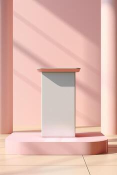Generative AI, a empty podium with leaf shade and geometry in beige color for product display, empty display showroom photo
