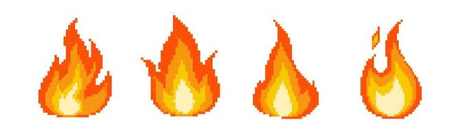 8 bit retro game  fire icons. Pixel flame vector icons.