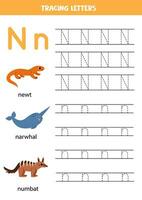 Tracing alphabet letters for kids. Animal alphabet. Letter N is for newt narwhal numbat. vector