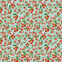Seamless pattern of green leaves, red berry and soft red wild fruits, light green background. Vector illustration image.