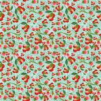 Seamless pattern of green leaves, red berry and soft red wild fruits, light green background. Vector illustration image.