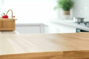 AI generated wooden table with a blurred background of a kitchen. AI Generative Pro Photo