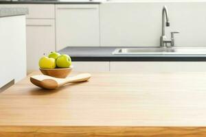 AI generated wooden table with a blurred background of a kitchen. AI Generative Pro Photo