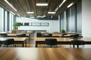 AI generated Wood Table with Blurred in Office Interior Space Background. AI Generative Pro Photo