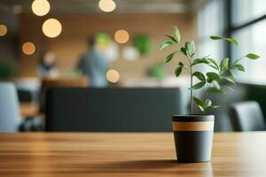 AI generated Wood Table with Blurred in Office Interior Space Background. AI Generative Pro Photo