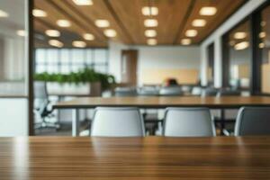 AI generated Wood Table with Blurred in Office Interior Space Background. AI Generative Pro Photo