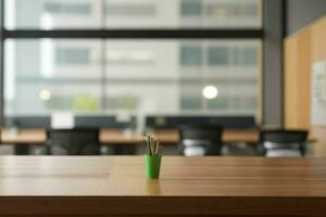 AI generated Wood Table with Blurred in Office Interior Space Background. AI Generative Pro Photo