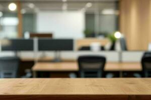 AI generated Wood Table with Blurred in Office Interior Space Background. AI Generative Pro Photo