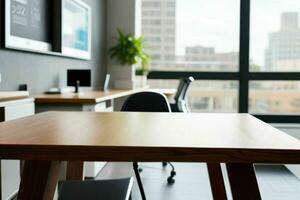 AI generated Wood Table with Blurred in Office Interior Space Background. AI Generative Pro Photo