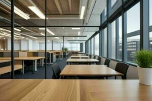 AI generated Wood Table with Blurred in Office Interior Space Background. AI Generative Pro Photo