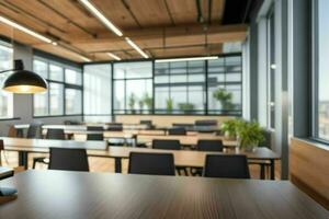 AI generated Wood Table with Blurred in Office Interior Space Background. AI Generative Pro Photo