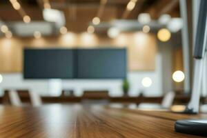 AI generated Wood Table with Blurred in Office Interior Space Background. AI Generative Pro Photo