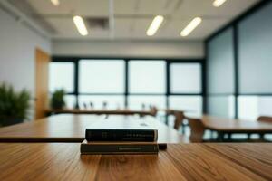 AI generated Wood Table with Blurred in Office Interior Space Background photo