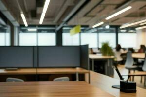 AI generated Wood Table with Blurred in Office Interior Space Background photo