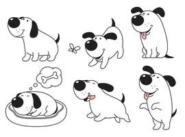 Funny happy dog, cartoon, comic character in various poses, vector drawing
