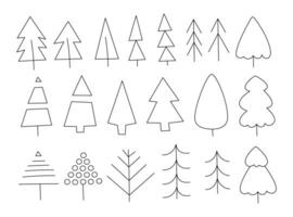 Set of Christmas trees of different shapes. Doodle vector black and white clipart illustration.