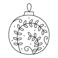 Doodle Christmas ball with a pattern of branches and leaves. Vector black and white clipart illustration.