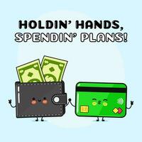 Wallet with money and Credit card character. Vector hand drawn cartoon kawaii characters, illustration icon. Funny cartoon happy Wallet with money and Credit card friends