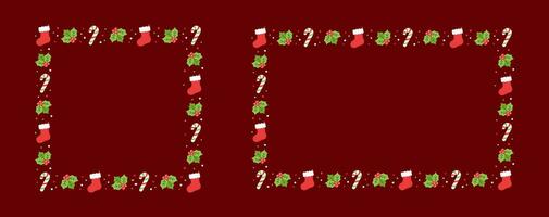Square and Rectangle Christmas Frame Border Set, Winter Holiday Graphics. Cute Mistletoe, Stocking and Candy Cane pattern, card and social media post template vector illustration.
