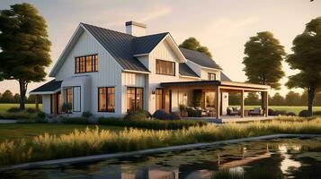 AI generated modern farmhouse on meadow photo