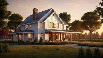 AI generated modern farmhouse on meadow photo