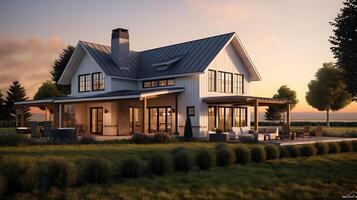 AI generated modern farmhouse on meadow photo