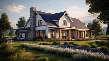 AI generated modern farmhouse on meadow photo