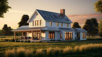 AI generated modern farmhouse on meadow photo