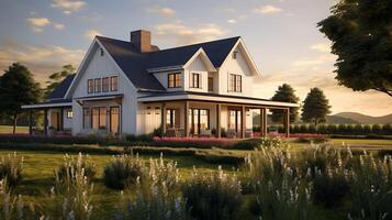 AI generated modern farmhouse on meadow photo