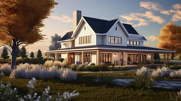 AI generated modern farmhouse on meadow photo