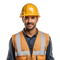 ai generado joven constructor hombre vistiendo construcción uniforme y la seguridad casco felizmente mira oblicuo png