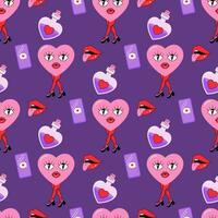 Seamless pattern, valentines day, hearts, groovy letter, love potion vector