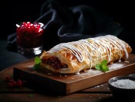 AI generated Delicious traditional strudel on a wooden board, decorated with berries. Photorealistic illustration. AI generated. photo