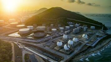 high angle view of oil petrochemical plant and gas storage tank in heavy petrochemi industry plant photo