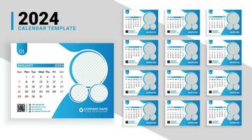 Modern 12 pages desk calendar template for the year 2024 with abstract gradient shapes and an image placeholder vector