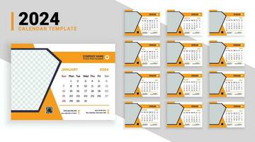 Modern 12 pages desk calendar template for the year 2024 with abstract gradient shapes and an image placeholder vector