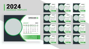 Modern 12 pages desk calendar template for the year 2024 with abstract gradient shapes and an image placeholder vector