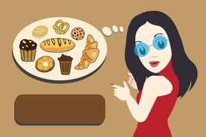 women pointing at a plate of breads. A girl looking at a sweet dessert. A vector cartoon illustration.