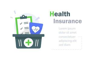 Health insurance,checklist clipboard and shield,medical program,annual checkup, sick leave vector