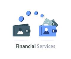 financiero servicios, transferencia Entre gente, regreso dinero, billetera y voltear moneda vector