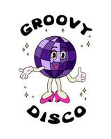 Groovy female disco ball character with hand drawn lettering. Slogan Groovy Disco. Vintage composition with hippie style lettering and funny hand drawn old cartoon character. Good for printout, poster vector