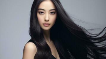 AI generated Back View of Woman with Long, Straight Black and Red Ombre Hair. photo
