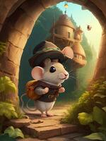 AI generated A cute white rat with a hat and a backpack stands in the entrance to the castle photo