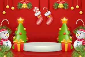 Christmas product podium. Podium with elements of pine trees, snowmen, balls, gift boxes and socks. 3d vector, suitable for sales product display vector