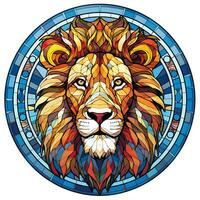 AI generated A View of a Lion Face in a circle of colorful Stained Glass Design photo